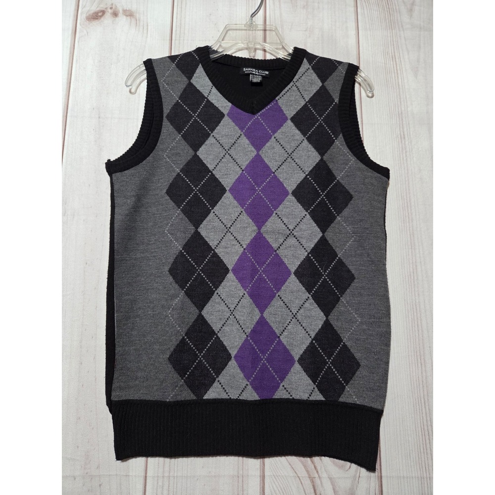 Sahara Argyle Sweater Vest Black Purple Grey‎ VNeck XL 18-20 Preppy Clueless